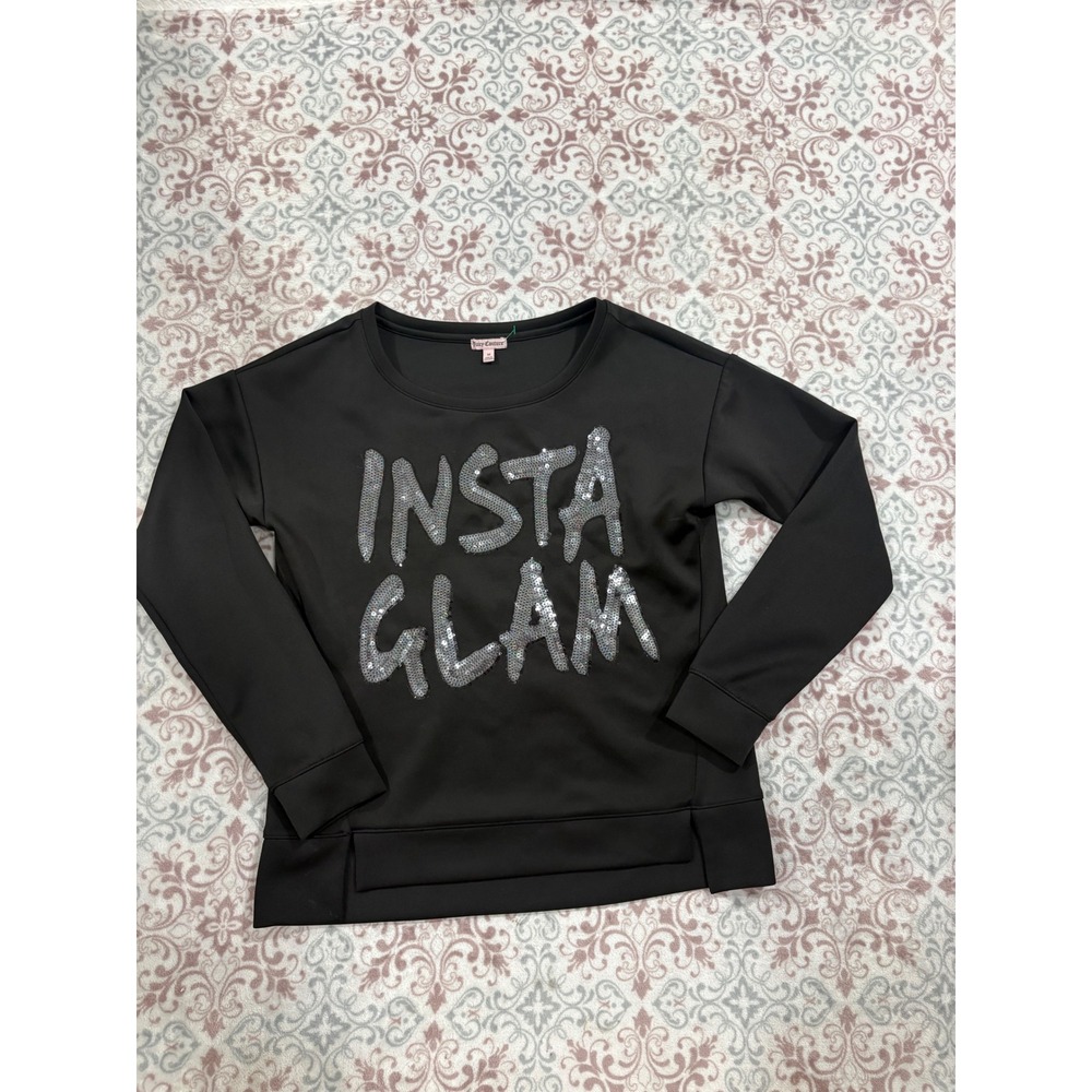 Juicy Couture Black Insta Glam Sequin Sweatshirt Long Sleeve Split Hem Medium